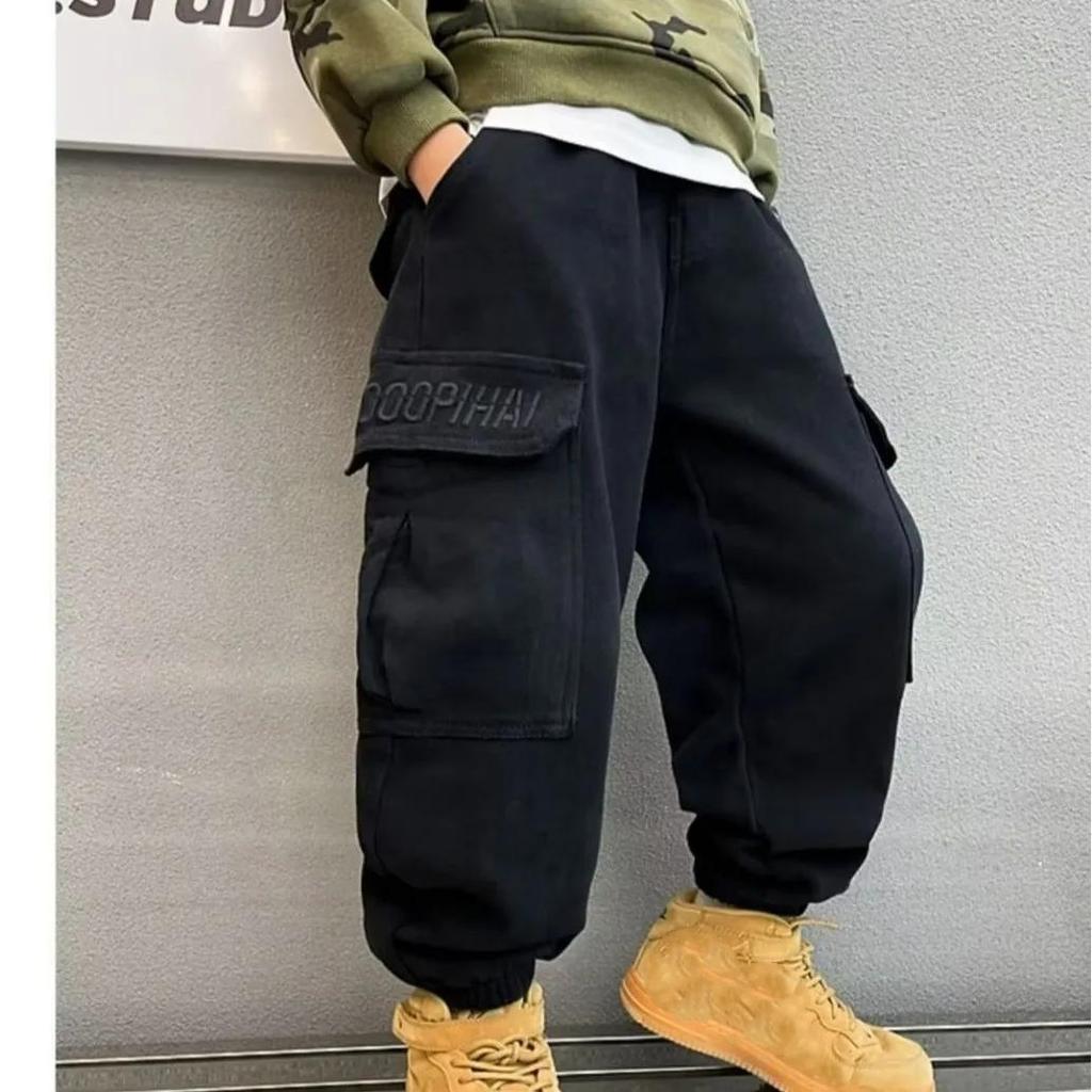 Winter Kids Fleece-lined Cargo Pants Casual Trousers for Boys High-quality Children's Wear Trendy