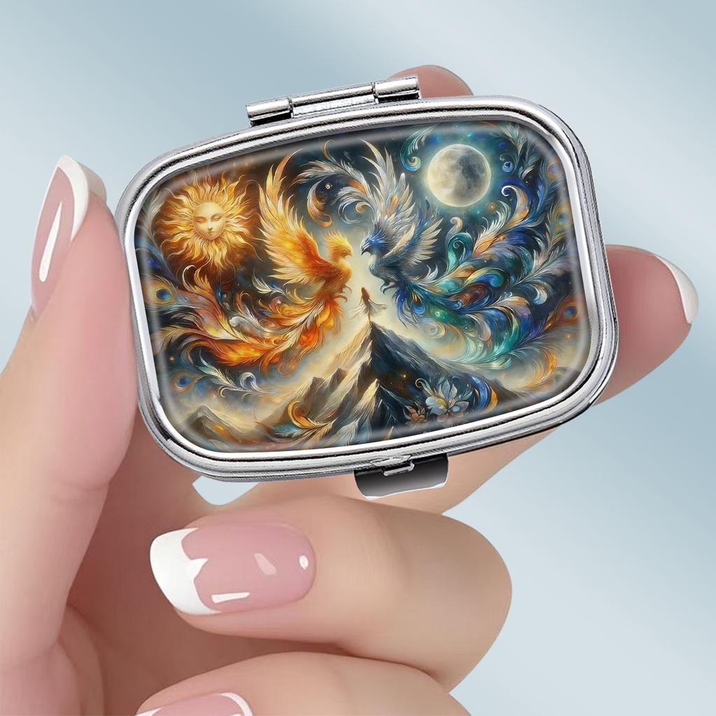 Tragbare Pillendose mit 2 Fächern, Mini-Metall-Medikamenten-Organizer-Etui, Niedlicher bedruckter Pillenbehälter für Vitamine, Pillen, Schmuck, Reisen, Tägliche Anwendung