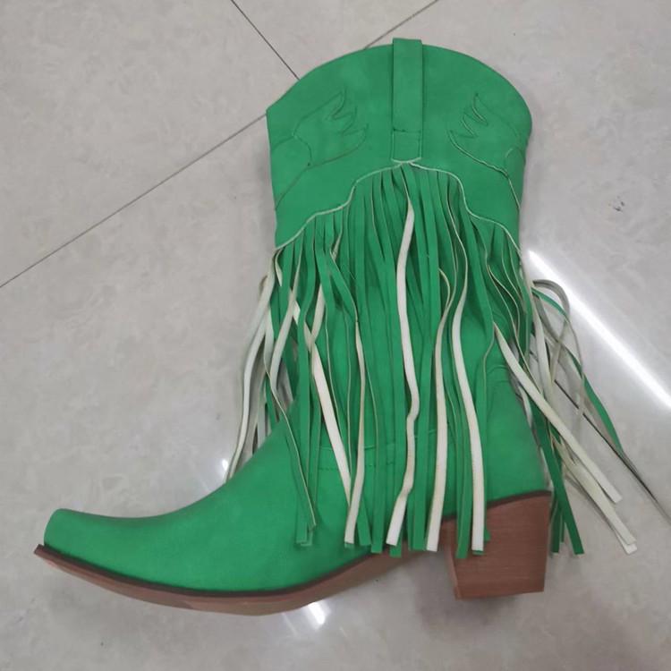 Women's Retro Handmade Pointed Toe Mid-Calf Fringe Boots with Chunky High Heels 