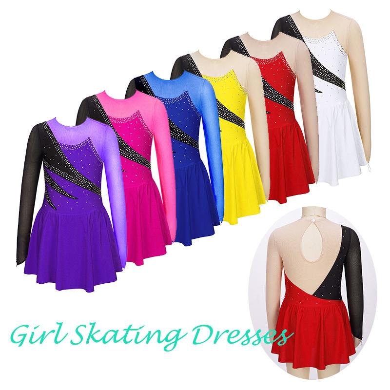 Dětské Dívčí Krasobruslařské šaty s dlouhým rukávem Lesklé kamínky Průsvitná síťovina Tutu Balet Gymnastika Tanec Dres s trikotem Taneční oblečení