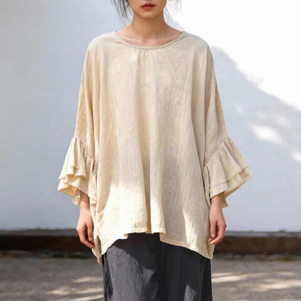 Johnature Women Vintage T-Shirts Spring Chinese Style Solid Color Butterfly Sleeve T-Shirts
