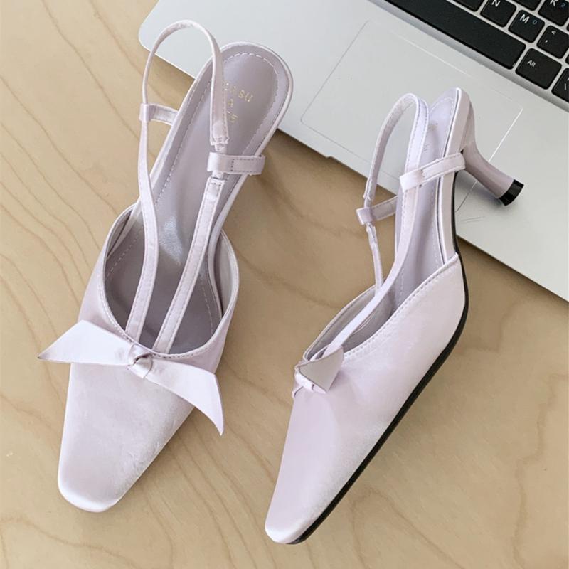 Fashion Elegant Bow Satin Square Toe Pumps Women Fashion Narrow Band Kitten Heel Design Slide Sandals Comfort Casual Brand Dress Shoes