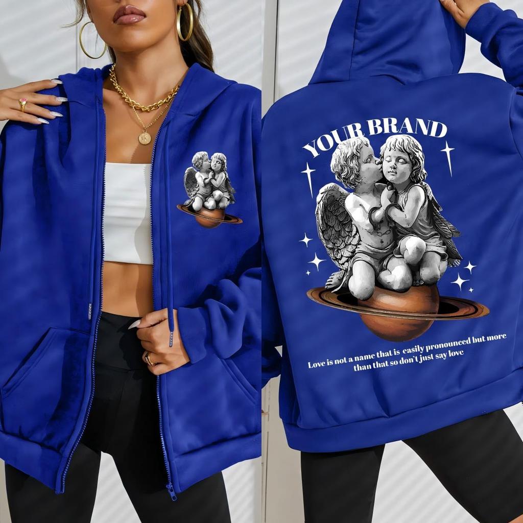 A Caring Angel Boy Wearing Handcuffs Prints Women Zipper Hoody Y2K Loose Hoodies Streetwear Vintage Autumn Clothes