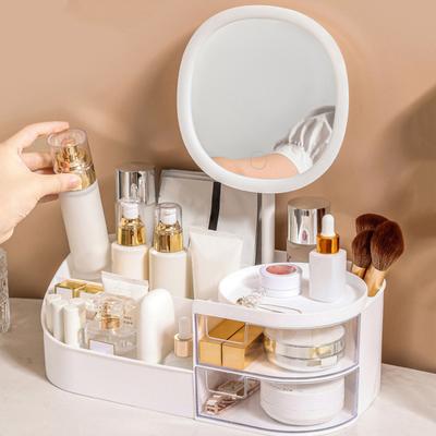 Makeup Storage Box Organizer with LED Mirror Large Capacity Multiple Compartments Makeup