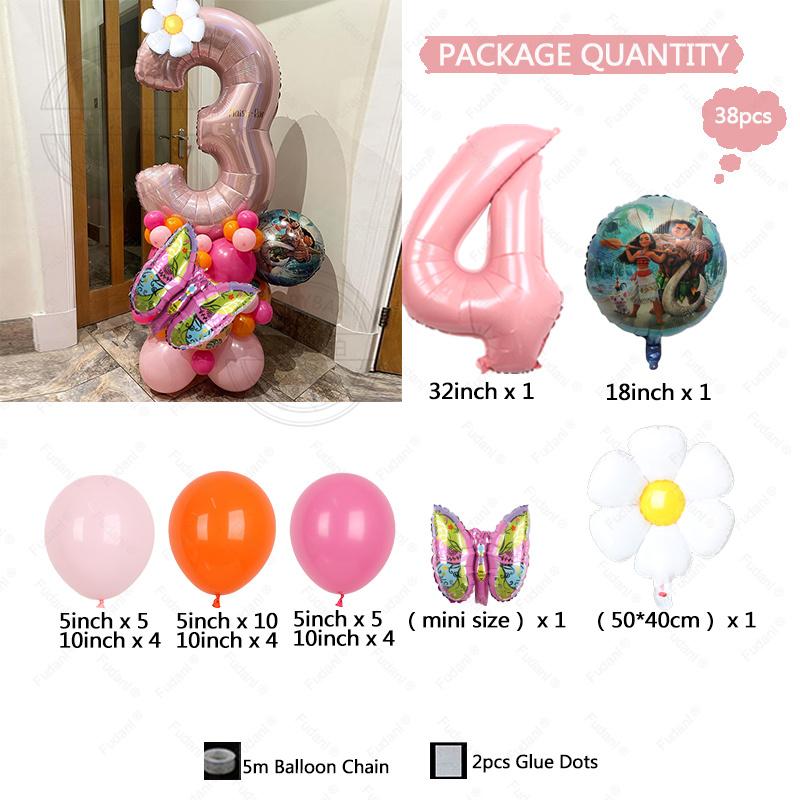38PCS Ocean Adventures Moana Balloon Column Set 32inch Pink Number Daisy Foil Globos 1-9st Girl Birthday Party Home Decorations