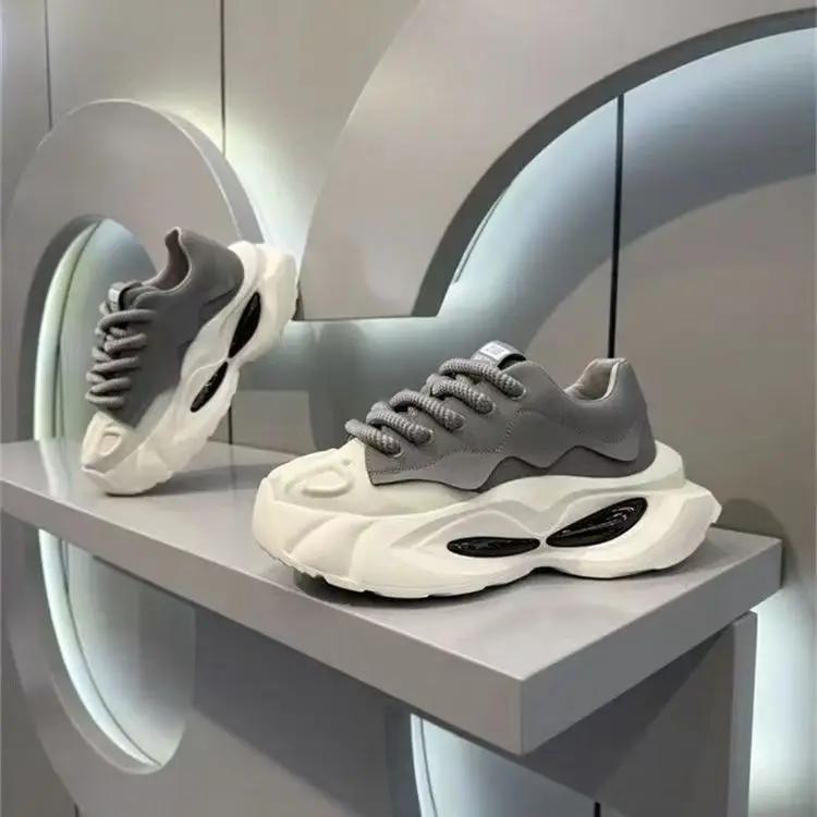 Fashion Chunky Sneakers Men Designer Soft Sole Sport Shoes Fashion Casual Microfiber Leather Upper Height Increased Platform White Shoes