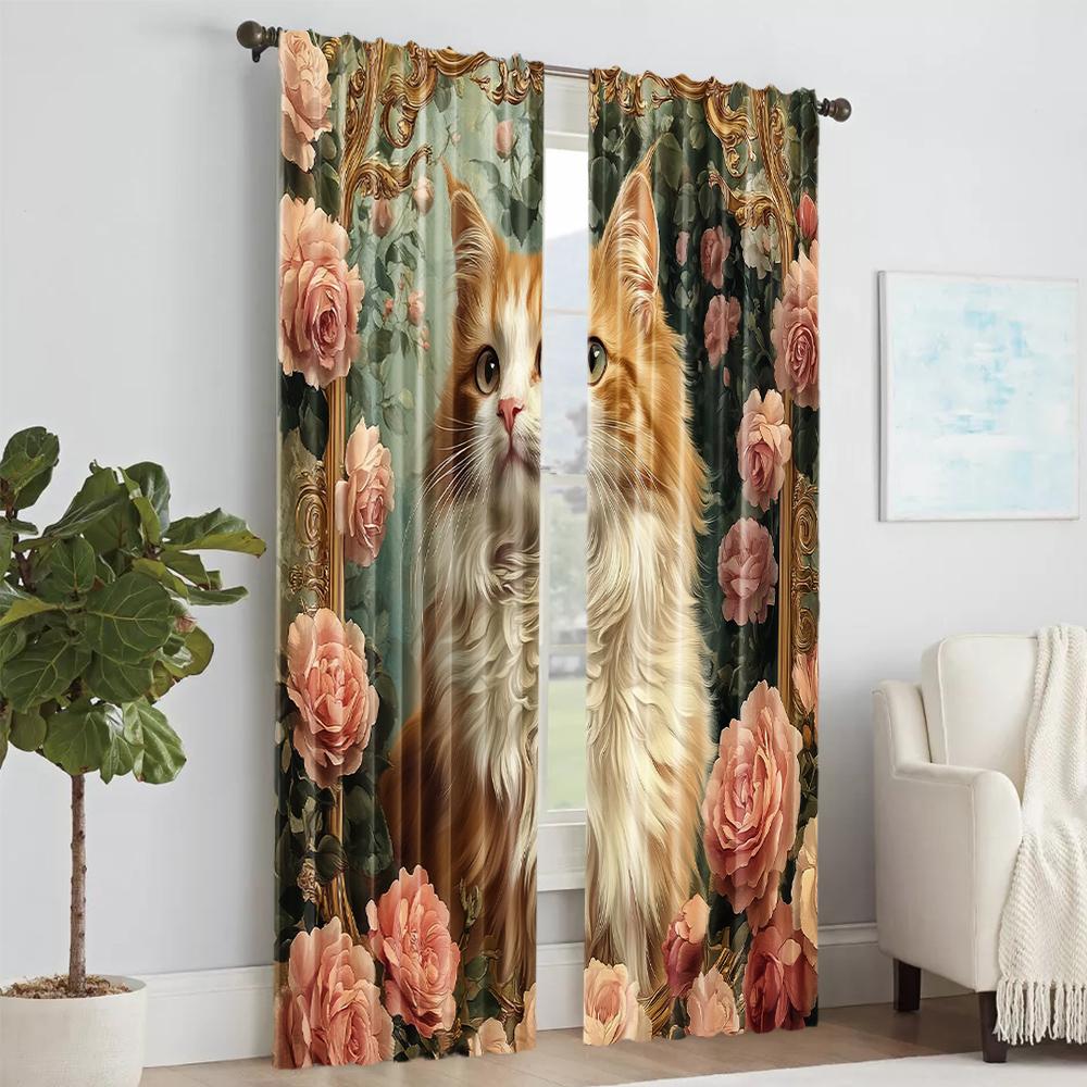 2 Pcs   Versatile Polyester Transparent Curtains for Home Decoration Rose Cat for Use In Bedrooms and Living Rooms