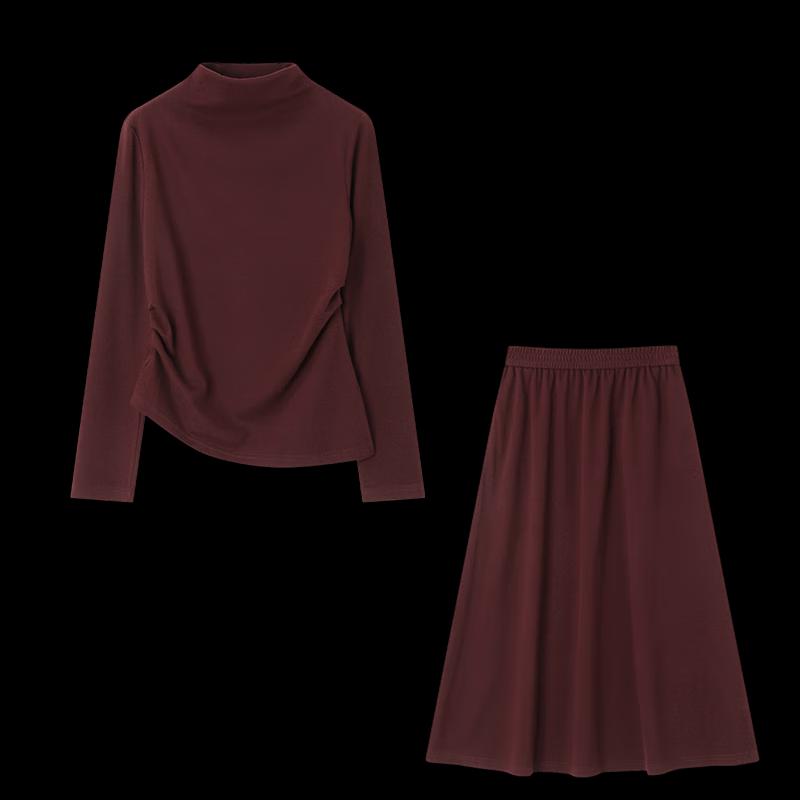 Women's Winter Wool Blend Semi-High Collar Two-Piece Skirt Set