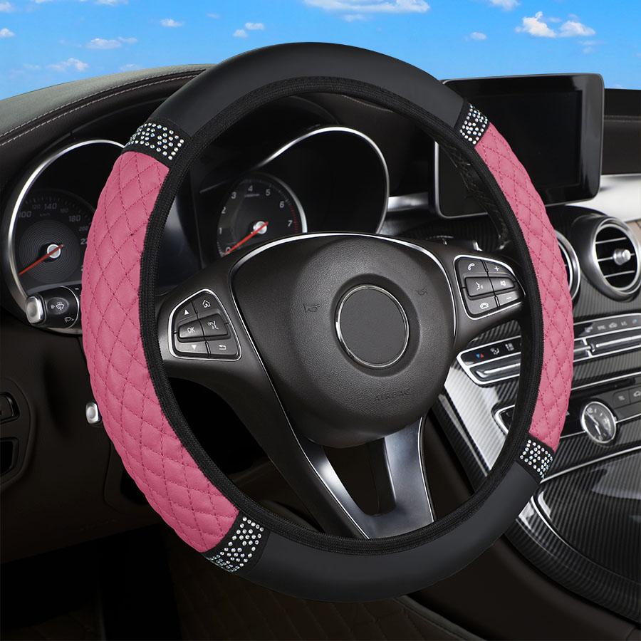 Universal Car Steering Wheel Cover 37-38cm Leather Embroidered Color Diamond-Studded Elastic Four Seasons Steering Wheel Cover