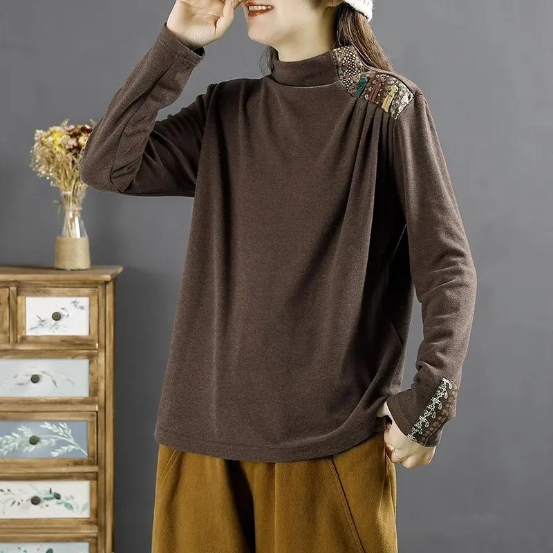 Women's Disc Buckle Embroidery Ethnic Style Half-high Collar Long-sleeved Bottoming Shirt Autumn and Winter