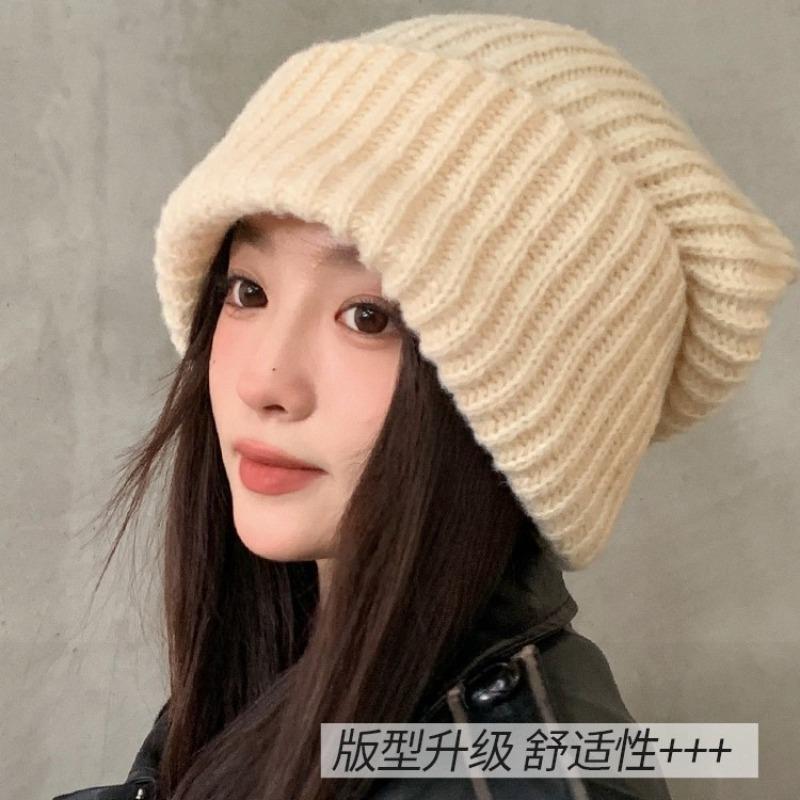 Winter Hat Women's Autumn and Winter Wool Hat Big Head Circumference Black Cold Hat Warm Ear Protection Confinement Knitted Pile Hat Men