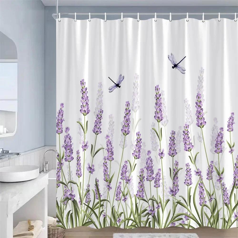 Rustieke Bloemen Douchegordijnen Vlinder Aquarel Bloemen Planten Paars Lavendel Badkamer Gordijn Polyester Decoratie Met Haken