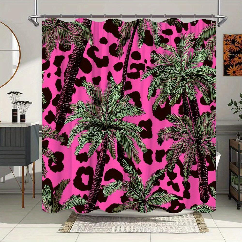 1Pc Tropical Leopard Print Shower Curtain - Vibrant Pink Jungle Palm Design With Exotic Spots, Bold Polyester Fabric 70X70 Inche