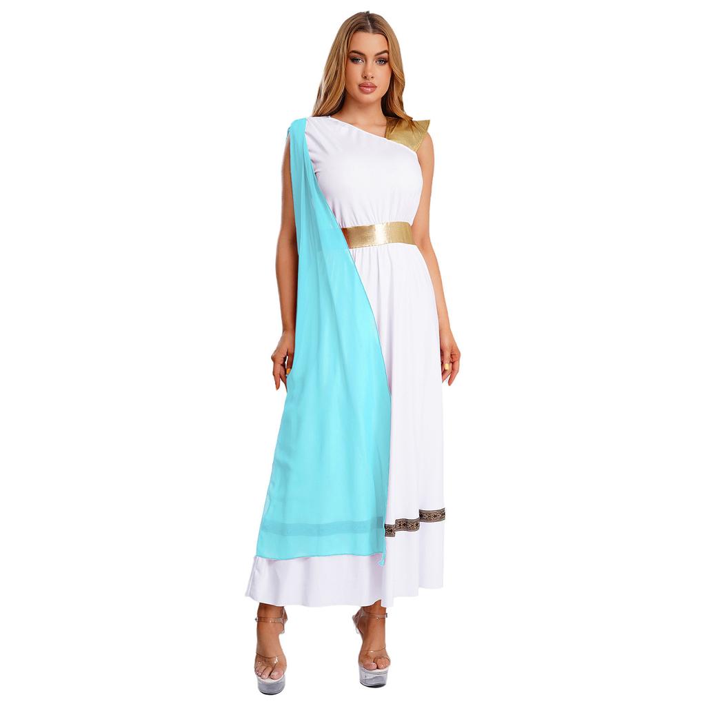 Womens Ancient Greek Costume Sleeveless High Waist Tunic Dress Golden Roman Empress Toga Halloween Party Dress