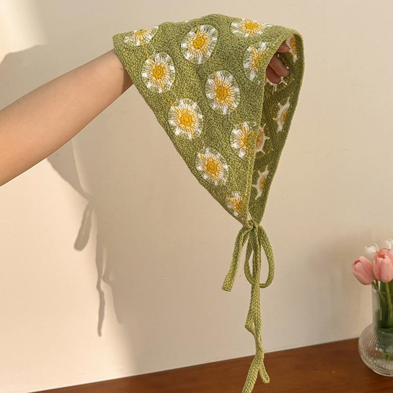 Knitted Crochet Headscarf French Pastoral Triangle Headband Handmade Soft Hair Wrapper for Beach Picnic Holiday Boho Fashion