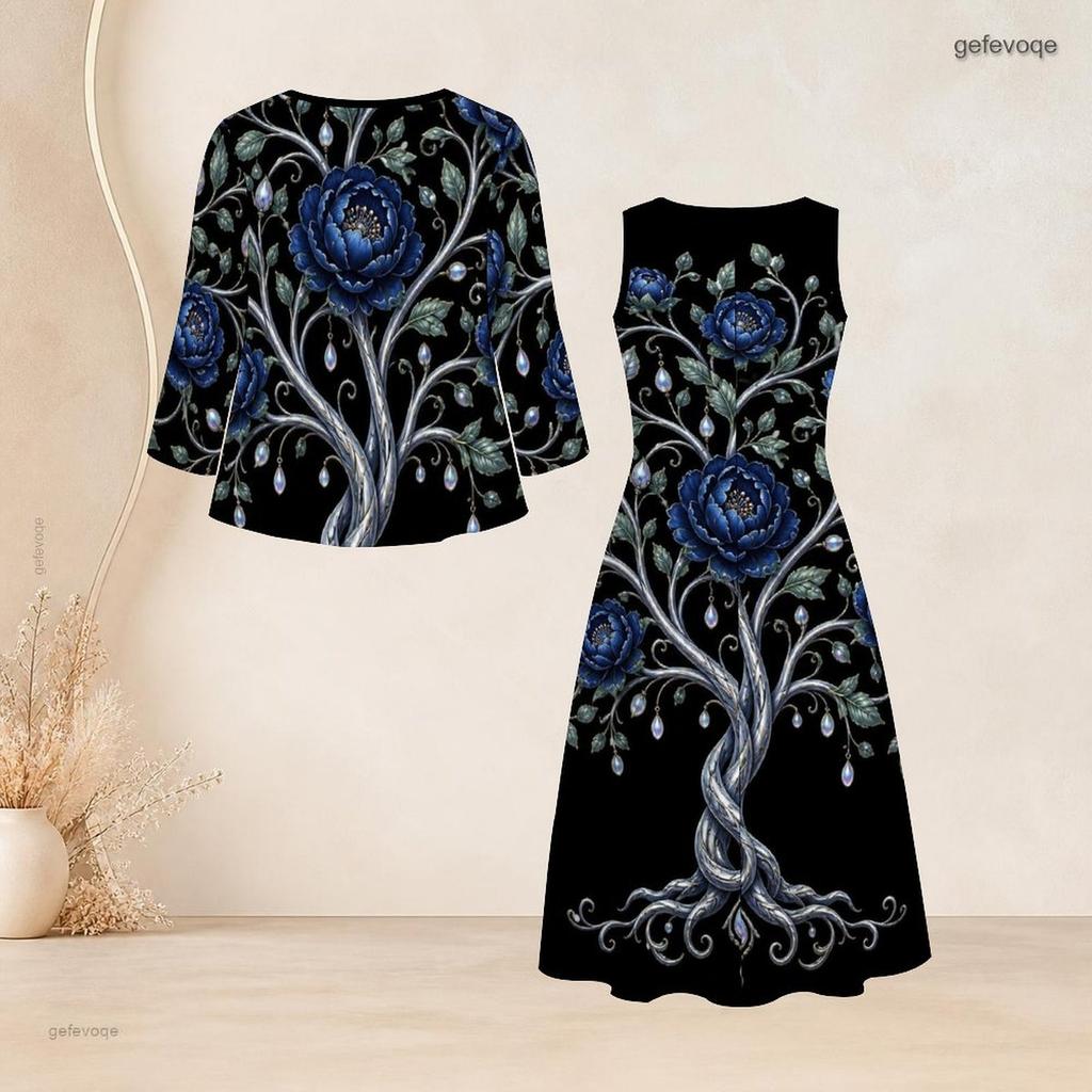 Women Plus Size Tie Neck Black Printed Two Piece Set Three Quarter Sleeve Cardigan Sleeveless Long Dress