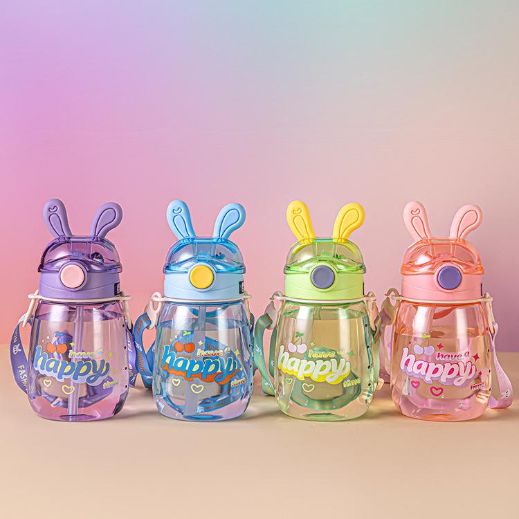 Water bottle 1011 creative children's plastic cup strap kettle kindergarten students cute water cup rabbit straw cup