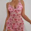See Through Pink Lace Backless Nightgown Babydolls Sexy Women's Lip Print Heart-shaped Printed Two-piece Set Pajama Erotic Dress