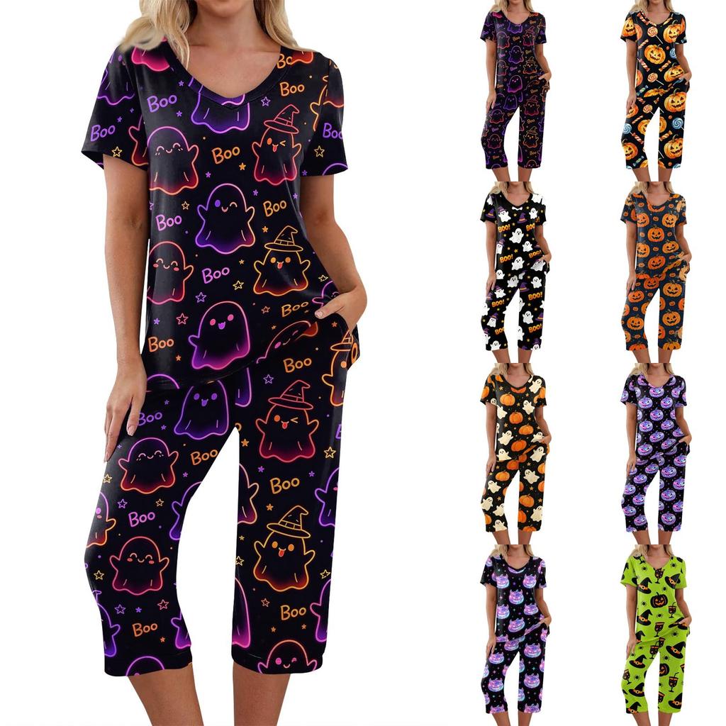 Women Halloween Printed Two Piece Set Short Sleeve Casual Top and Cropped Pants Comfortable Relaxed Fit Outfit