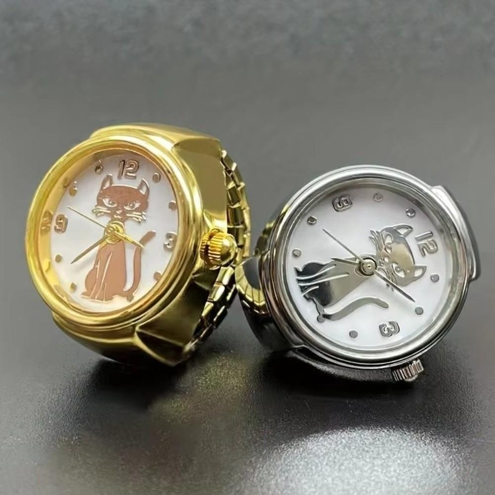 Gold Finger Ring Watch Round Cat Dial Clock Punk Quartz Watch Women