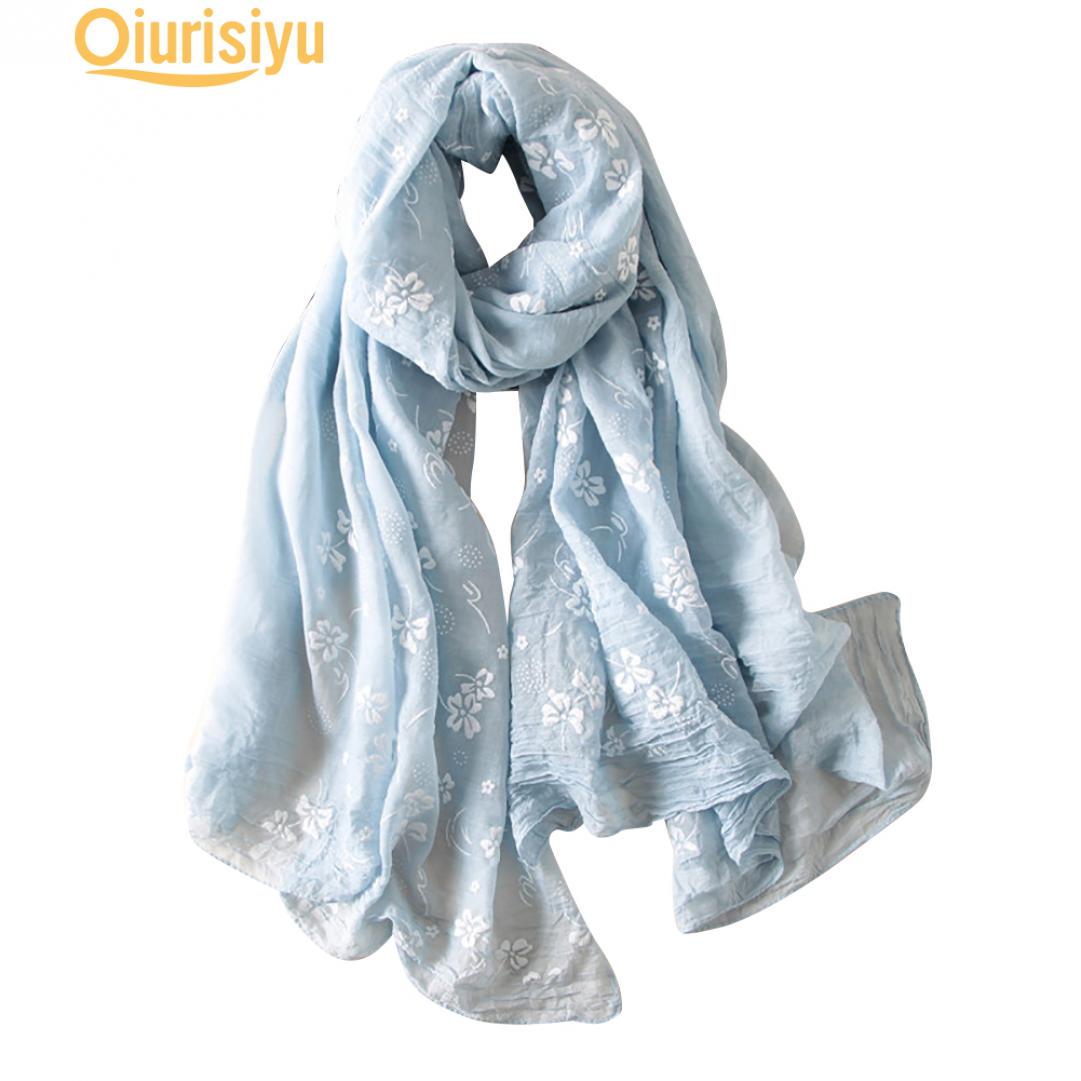 

Длинная льняная шаль с цветочным принтом для отдыха, пляжный шарф с защитой от ультрафиолета, палантин синий