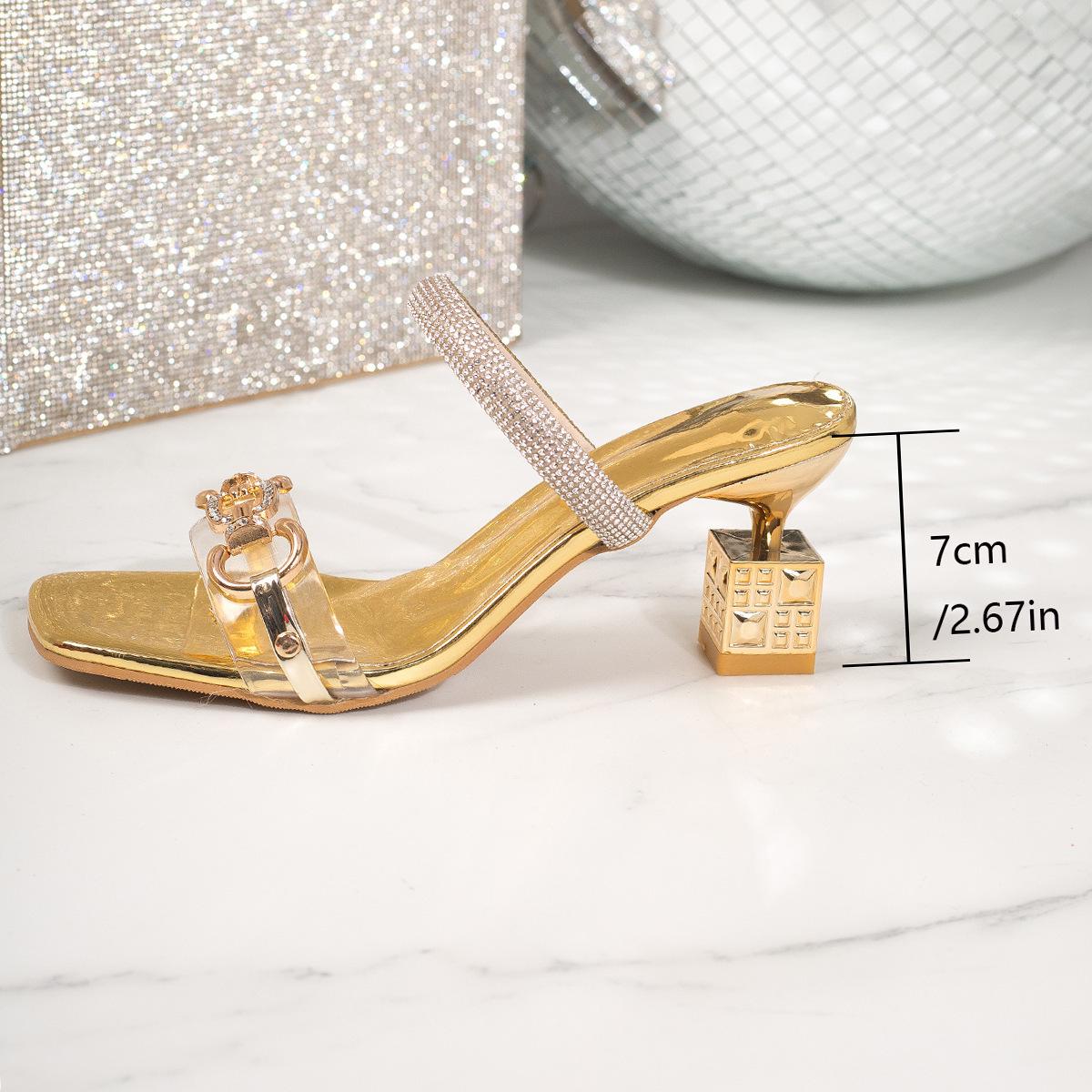 Summer, Plus Size, Square Toe, Rhinestone, High-heeled Slippers, New Styles, Irregular Heels, Sandals, Women s 35 золотой