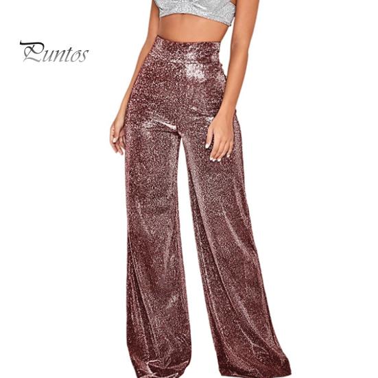 Women Trousers Wide Leg with Hot Stamping Design Glossy Pants Long Clubs Performances Zipper Closure Glitter Shiny Fabric Statement