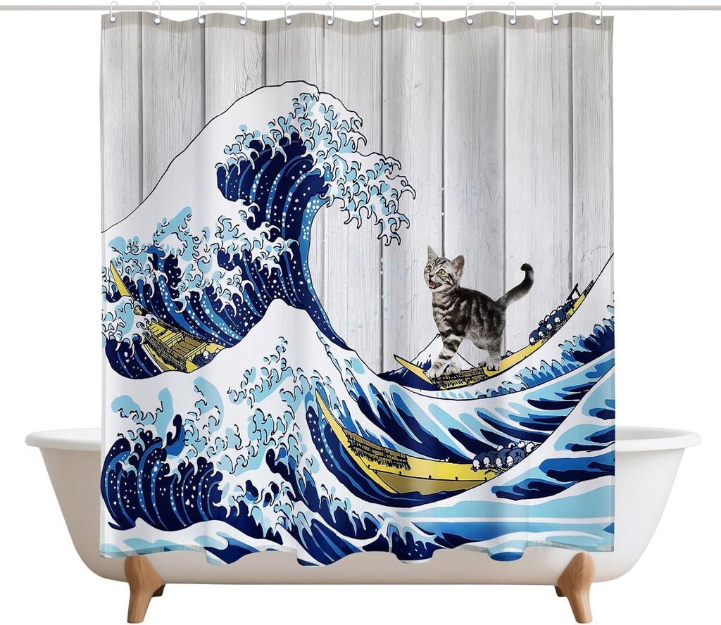 Big Japanese Wave Shower Curtains Cat Surfing Barn Door Decor Polyester Fabric Waterproof Bathroom Curtains Set with 12 Hooks