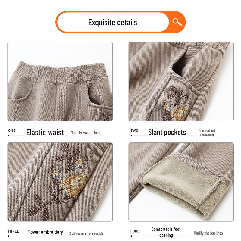 Mom's Embroidered Plush-Lined High-Waist Winter Pants