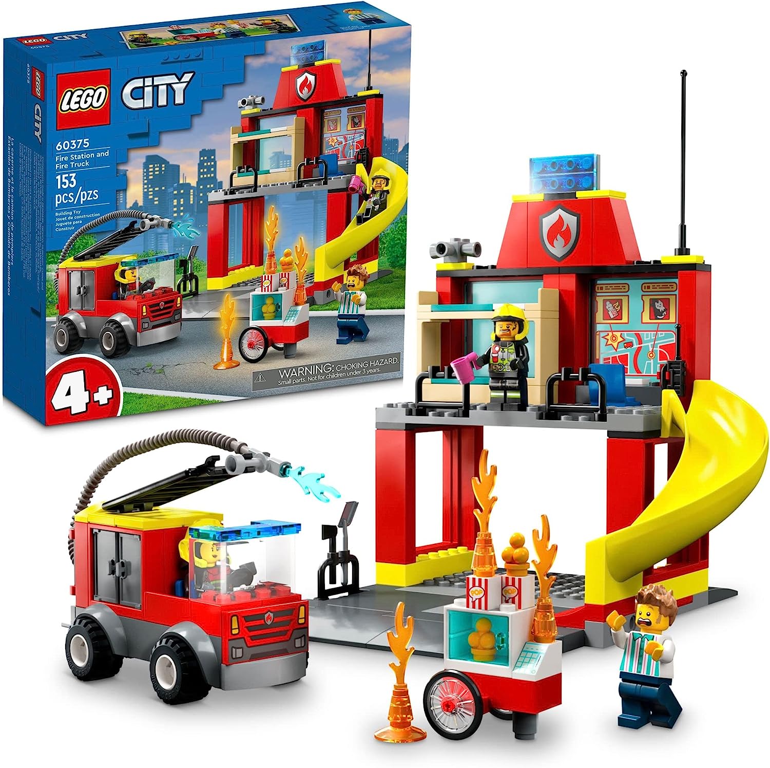 

Пожарная станция и пожарная машина LEGO City 60375, обучающие игрушки для детей от 4 лет, мальчиков и девочек, с минифигурками пожарных в чрезвычайных ситуациях