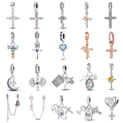 Cross Charms Fit Fashion Original Bracelets 925 Silver Pave Zircon Bible Bead Religion Holy Angel Safety Chain Charm DIY Jewelry