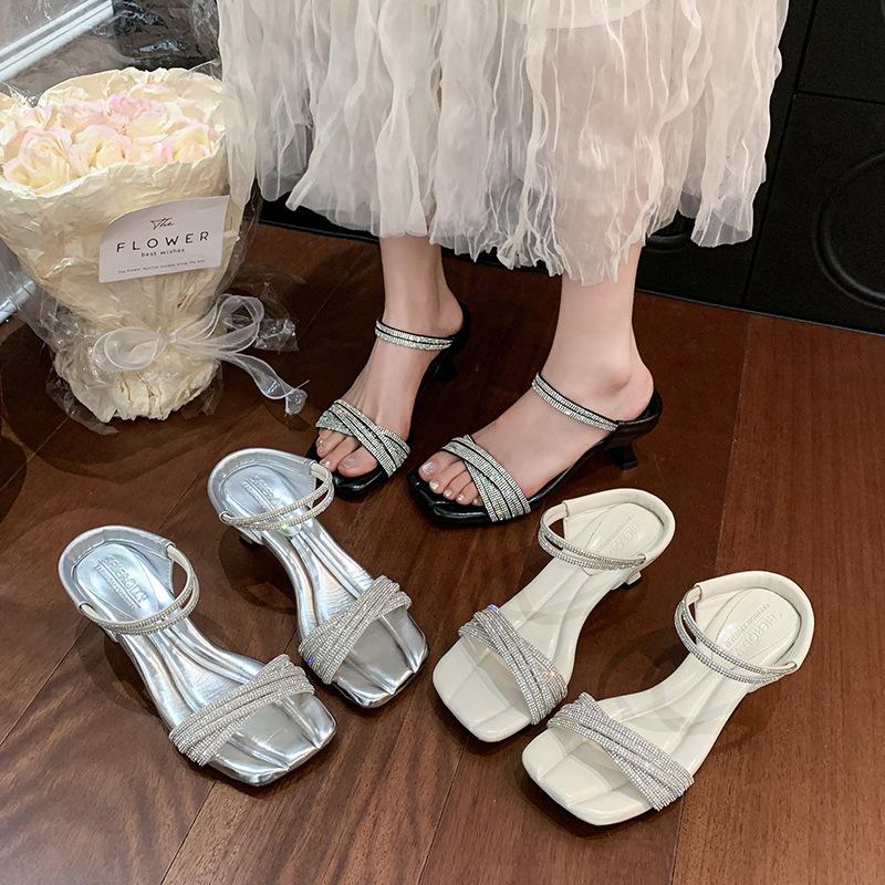 Fairy Wind French Rhinestone Word with Square Head Cool Slippers Female Summer Wear Stiletto High Heels Temperament Open-toed Sandals