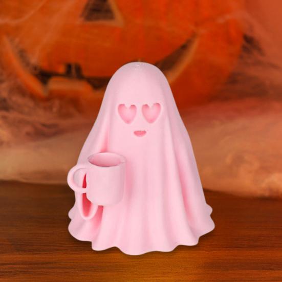Halloween Ghost Figurine Cute Pink Ghost Holding Moon Statue Resin Ghost Sculpture Tabletop Ornament for Indoor Home Decor