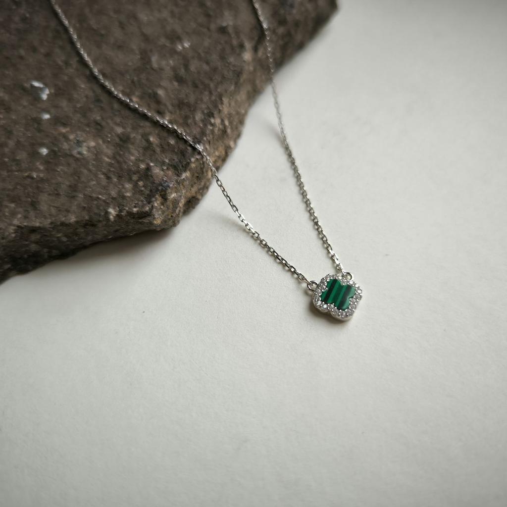 Silver Necklace with Malachite, Cubic Zirconia, Product Weight 1.92 Gr (60002133)