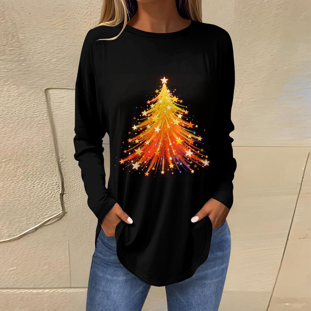 Dames Losse Comfortabele Casual Mode V-Hals Kerstprint Lange Mouw Hoodie