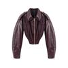 Womens Short PU Leather Jacket With Collar Long Sleeve Streetwear Chic Casual Coat