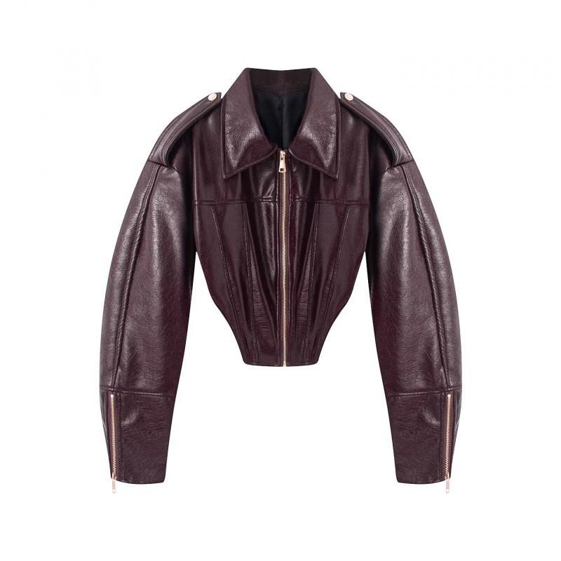 Womens Short PU Leather Jacket With Collar Long Sleeve Streetwear Chic Casual Coat