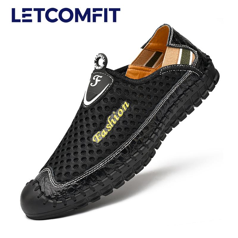 LETCOMFIT Men's Mesh Breath Light Rubber Sole Stitching Non Slip Sandals Hiking Shoes Outdoor Camping Slip On Walking Footwear