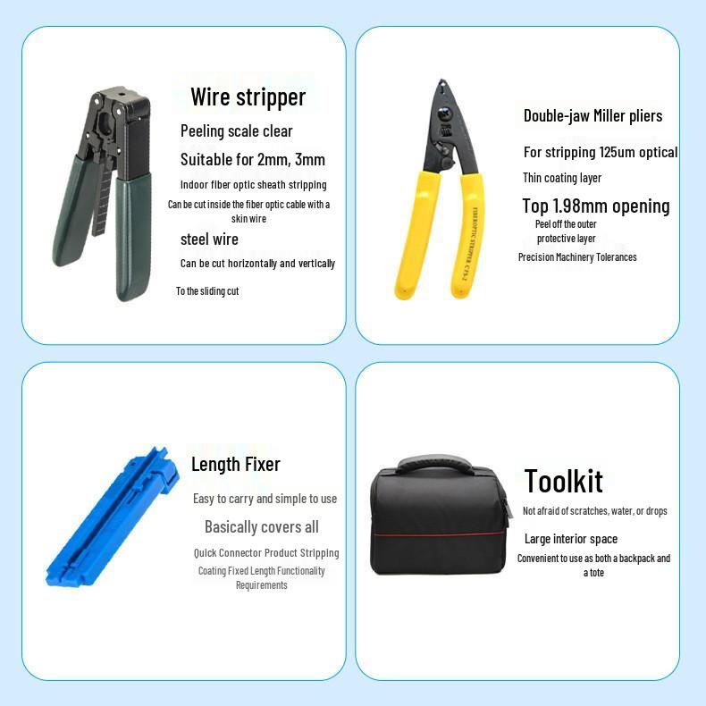 FTTH Fiber Optic Cold Fusion Kit: Power Meter, Cleaver, Miller Pliers, and Tool Bag