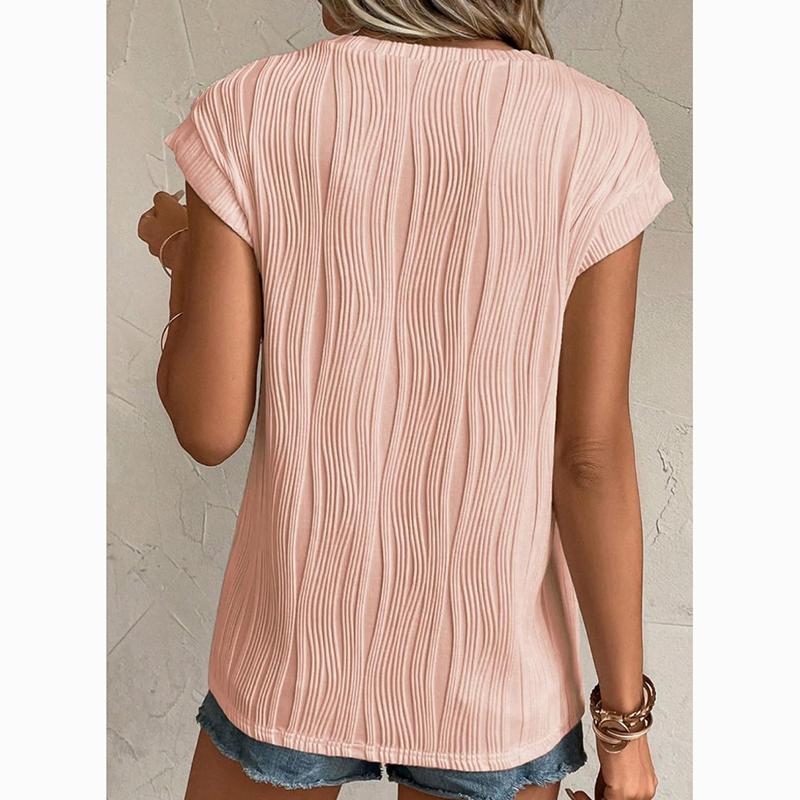 Fashion Tops Women Round Neck Pleated Slim Fit Summer T-shirt Short Flying Sleeve Blouse Women Solid Color Office Lady Tee Shirt 24135
