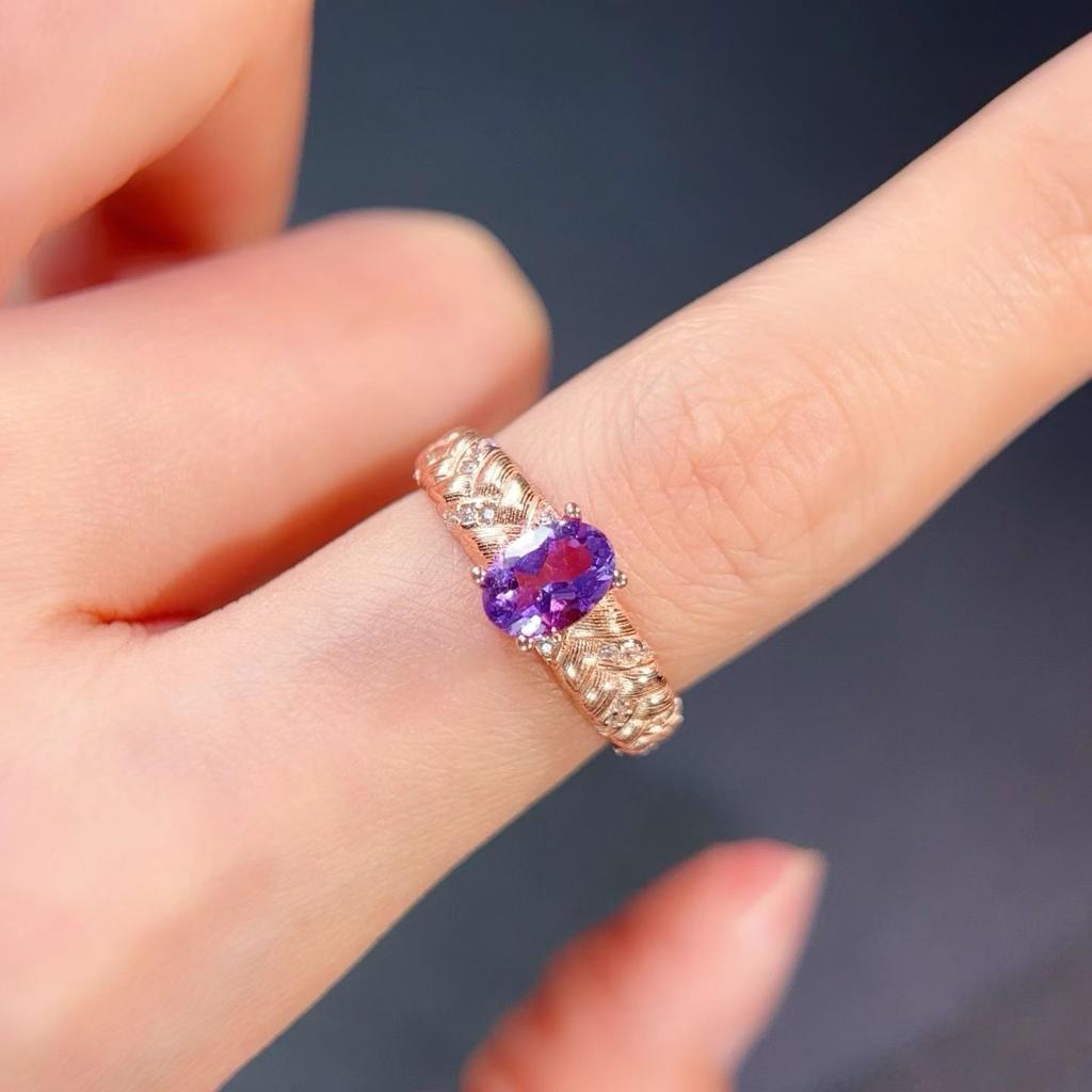 Purple Crystal  Copper Ring 5X7Mm 0.7Ct Natural Amethyst Ring With Jewelry Certificate Gold Plated Copper Amethyst Jewelry