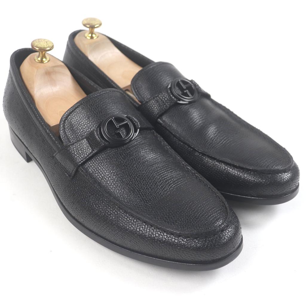 GIORGIO ARMANI loafers Logo Metal Moccasins black leather mens 10 Used