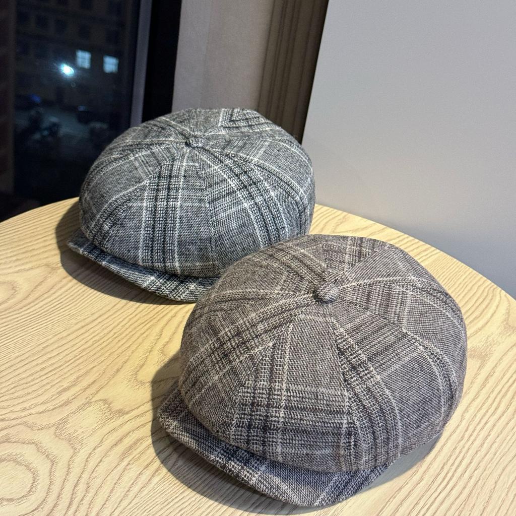 New Style British Style Forward Hat British Beret Deep Brim Hat Showing Face Small Japanese Painter Hat Octagonal Hat Plaid Trend