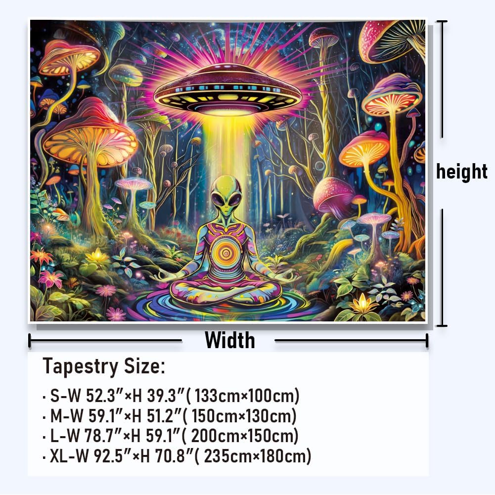 Amonercvita Blacklight Alien UFO Tapestry Neon Mushroom Floral Tapestries UV Reactive Yoga Meditation Tapestry Fantasy Forest Tapestries Wall Hanging