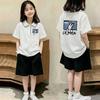 Girls' Trendy Polo T-Shirt Set - Short-Sleeve Lapel Shirt and Casual Summer Two-Piece for Medium and Large Children.