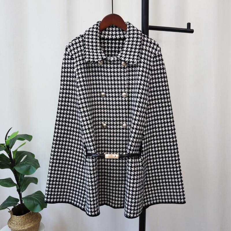 Autumn and Winter New High-end Thousand Bird Grid Knitted Double-sided Tweed Cloak Temperament Sweater Jacket