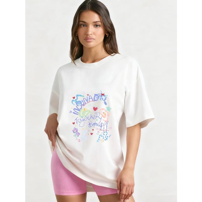 Oversized T Shirt Black Colorful Embroidered Graphic Print With Words Give Love To Yourself Be Happy Casual Streetwear Fashion Women Summer Top