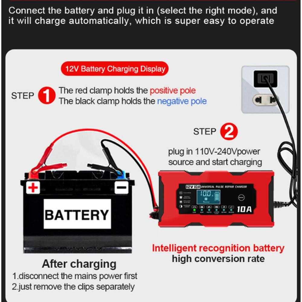 12V 10A Car Battery Charger Smart Battery Charger For Lifepo4 Lead Acid AGM GEL PB Lithium Battery Pulse Repair LCD Display