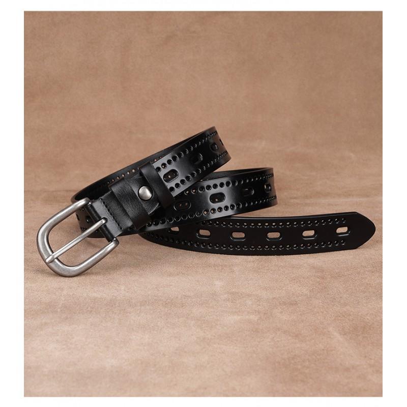 Womens Genuine Leather Belt With Hollow Design Pin Buckle Slim Width Jeans Dress Pants Black Coffee White