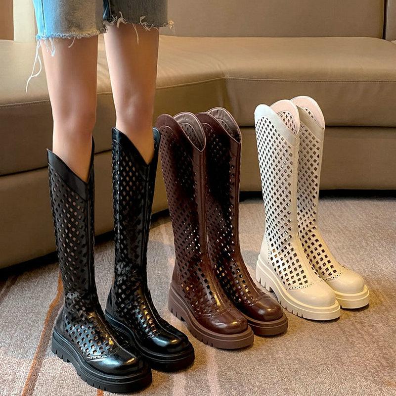 Fashion 2025 Spring And Summer New Leather Perforated Cold Boots Platform Small Height Breathable Summer Boots Thigh-High Boots